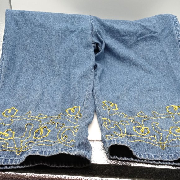 Agapo Embroidered Denim Overalls Small Metal Buttons Capri Pockets Distressed - Picture 10 of 12